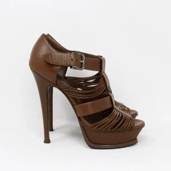 YSL #36155 Brown Leather Tribute T-Strap Platform Heels (US 8 EU 38)